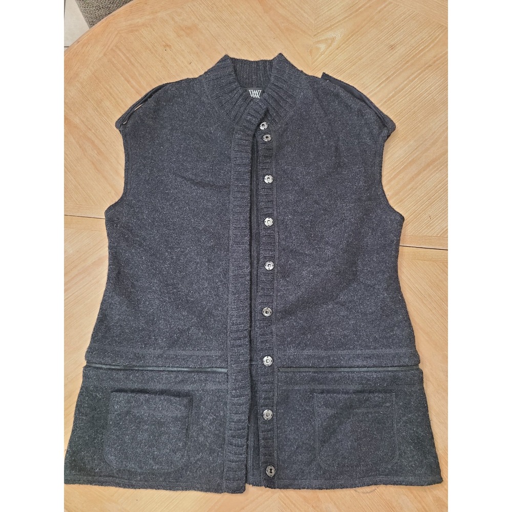 Worth Wool Knit Vest Women Medium Gray Mock Neck Snap Utility Epaulette